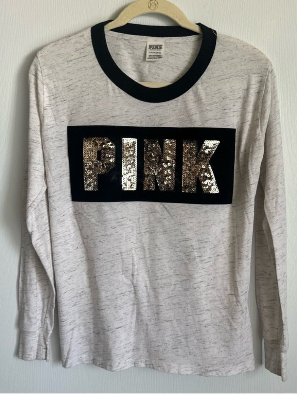 PINK Top Bling Silver‎ Sequin Gray Black T Shirt S Long Sleeve